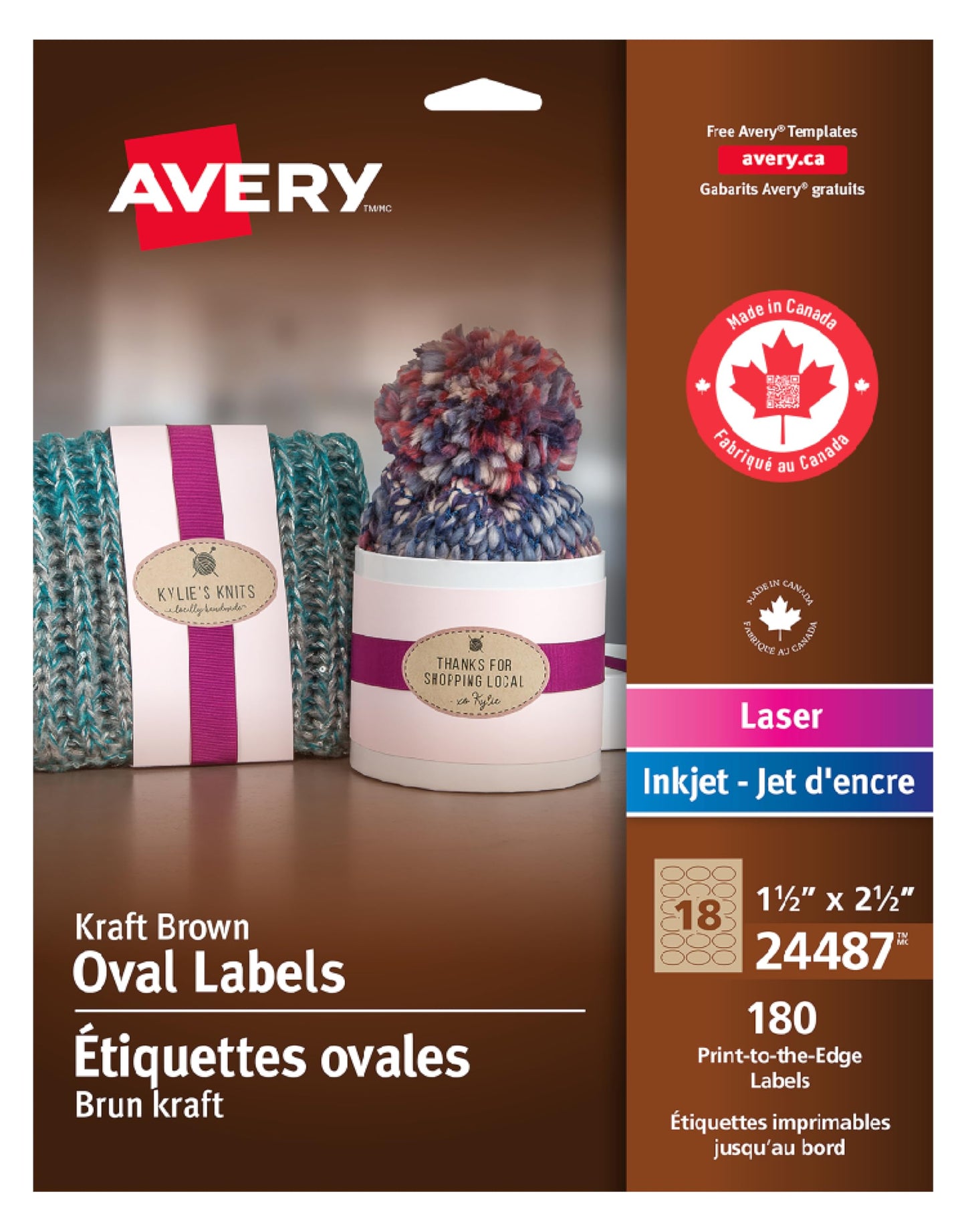 Avery Kraft Oval Labels for Laser and Inkjet Printers, 1.5" X 2.5", Oval, Kraft Brown, 180 Labels, Permanent (24487) Made in Canada