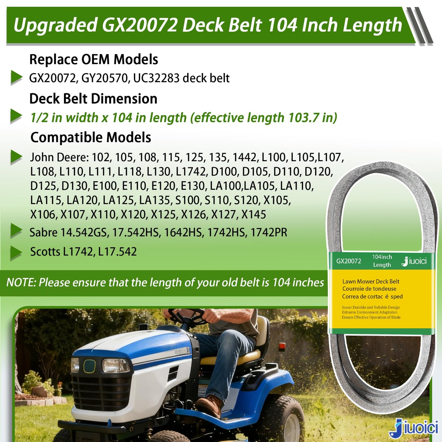 Upgraded Lawn Mower Belt GX20072 John Deere 42 Inch Deck Belt, D105 D110 D130 S100 L110 L100 L111 LA105 LA115 LA125 S110 S130 E100 E110, GY20570, Zero-Stretch, Extra Long Life /104 Inch, Grey