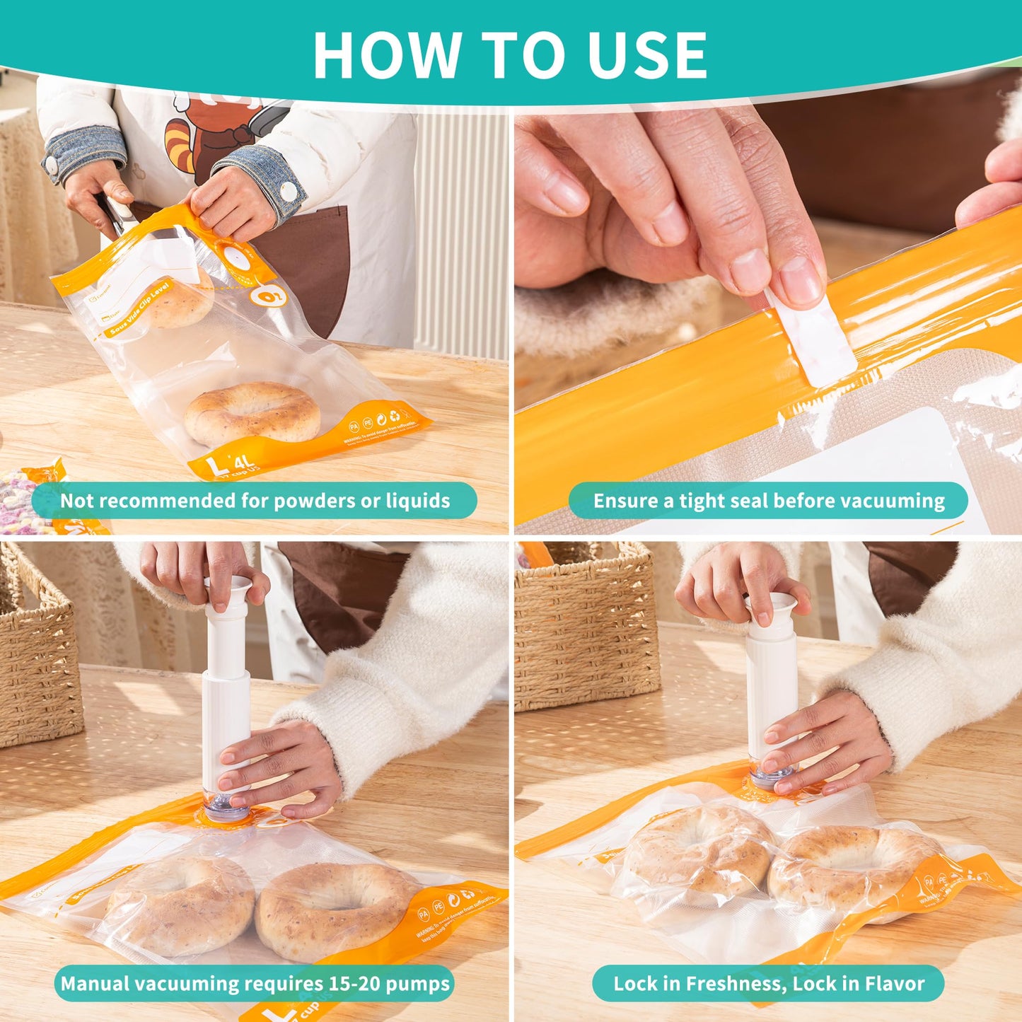 Vacuum Sealer for Food, Reusable Sous Vide Bags with Air Valve, PA&PE Material Long-lasting Freshness for Cooking, Food Storage(10.2 * 13.4in 20pcs）