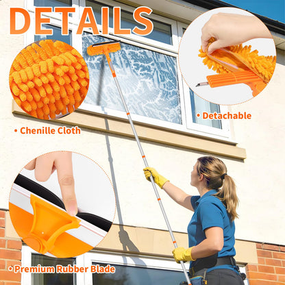 152’’/ 109" Window Cleaning Tool Kit, 2 in 1 Rotatable Window Cleaner Tool, Extendable Window Squeegee for Indoor Outdoor High Window, Car, Glass