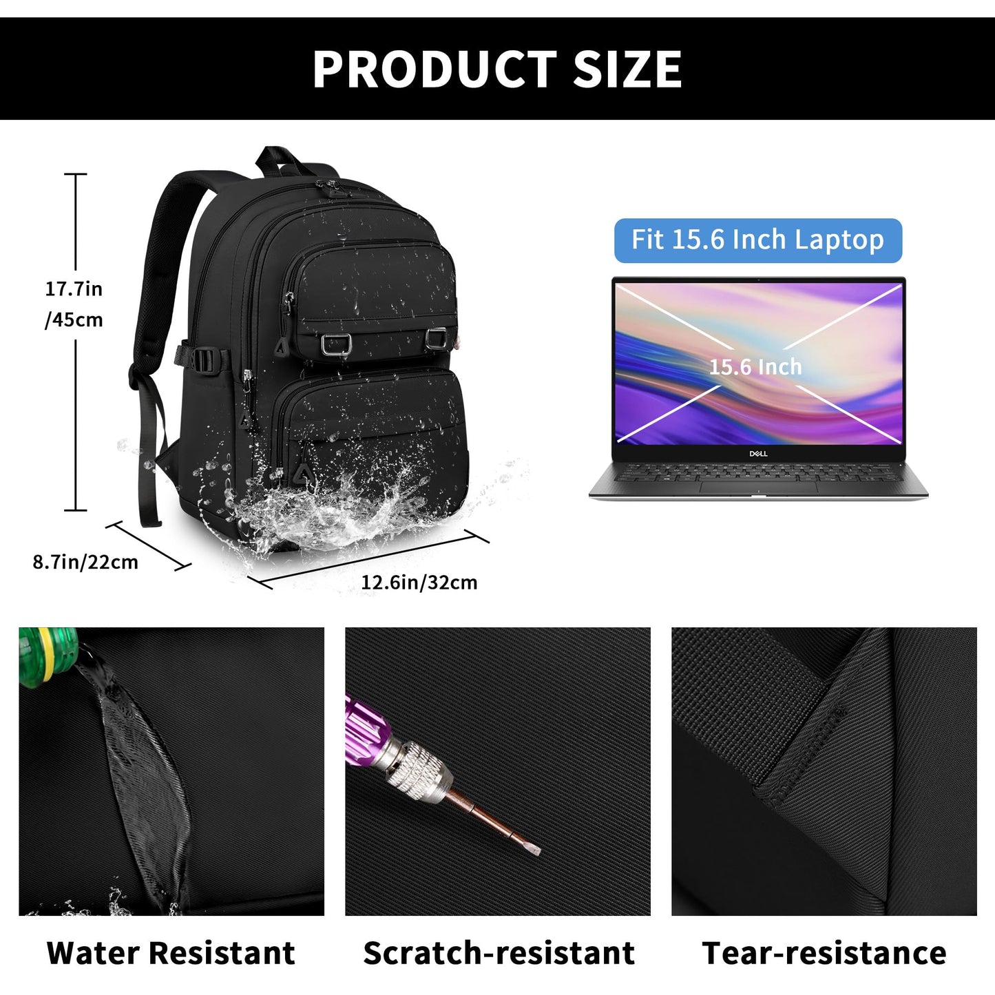 Backpack for Women Men, Lightweight School Backpack 15.6 Inch Travel Laptop Backpack Waterproof Bookbag Casual Carry-on Daypack for School Sports College Travel, Black