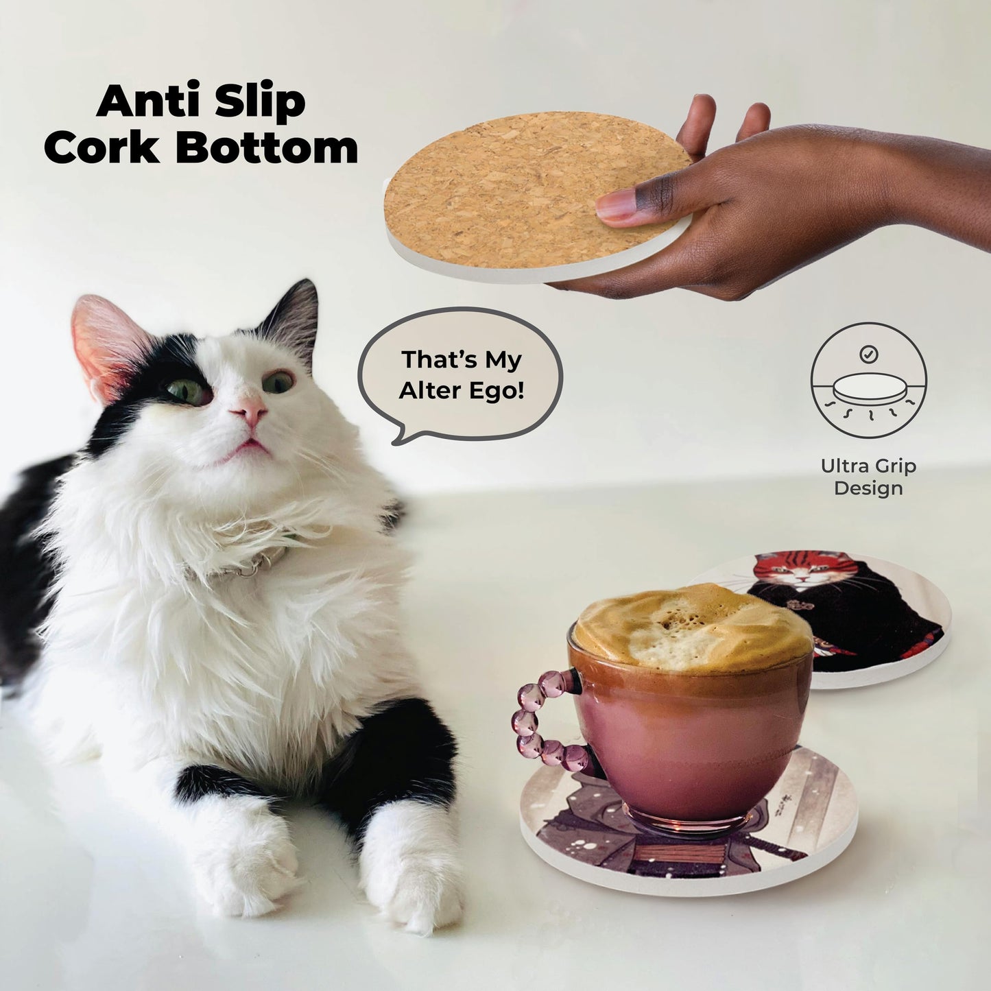 Cat Coasters Ninja Edition - Anime Cat Decor - Set of 6 Drink Coasters with Holder