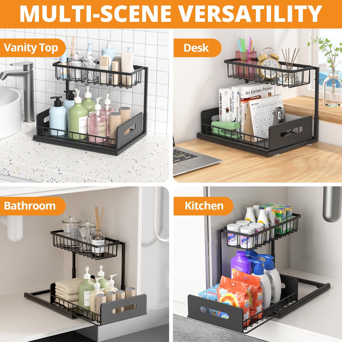 Under Sink Organizer, 2 Tier Kitchen Organizers and Storage, Pull Out Cabinet Organizer for Kitchen, Bathroom, Washroom, Cabinet Cupboard Organizers and Storage (1 Pack - Black)