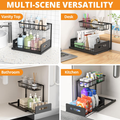 Under Sink Organizer, 2 Tier Kitchen Organizers and Storage, Pull Out Cabinet Organizer for Kitchen, Bathroom, Washroom, Cabinet Cupboard Organizers and Storage (1 Pack - Black)