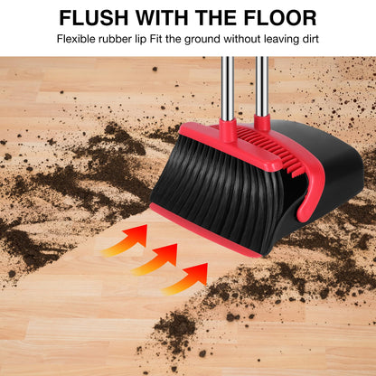 Broom and Dustpan Set, 52-in Long Adjustable Handle Broom Dustpan Combo with Dustpan Teeth to Automatically Clean Hair Suitable for Home Kitchen Office Hall Floor（Black&Red）