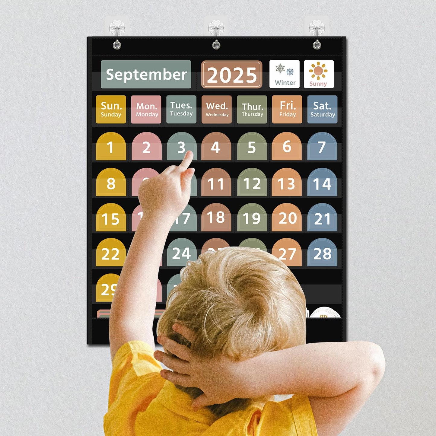 REGELETO Large Boho Calendar Pocket Chart with 96 Cards for Classroom, Size:32.25 x 24.125 inch Black Monthly Calendar and Weather Pocket Chart for Students Learning for Home or school.