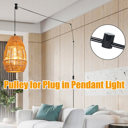 Pulley Wheel for Plug in Pendant Light, Wall Ceiling Mount-Pulley for Hanging Lamp, 1 Pack PulleyWheel and 4 Pack Swag Hooks for Hanging Electric Wire Cable Cord Chandelier Plant Grow Lights (Black)