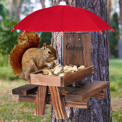 Squirrel Feeder Picnic Table with Umbrella, Lalafancy Carbonized Wood Squirrel Feeder for Outside Funny Chipmunk Feeder with Corn Cob Holder Structure Solid for Squirrel Gift