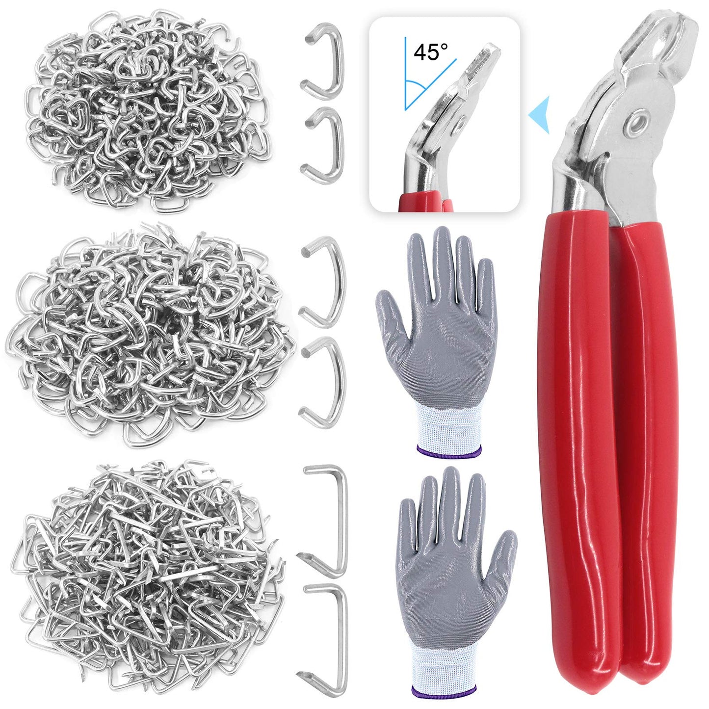 Glarks 362Pcs Hog Ring Pliers Kit with 360Pcs Steel Rings (1/2'' 3/4'' 3/8'') and Anti-Cutting Gloves for Upholstery, Fencing, DIY Craft, Furniture and More