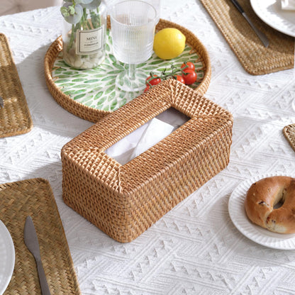 Rattan Tissue Box Cover, Rectanglar Hand Woven Wicker Tissue Holder, Boho Decorative Woven Facial Tissue Holder on Table and Bathroom, 26x15.5x10.5cm, Natural