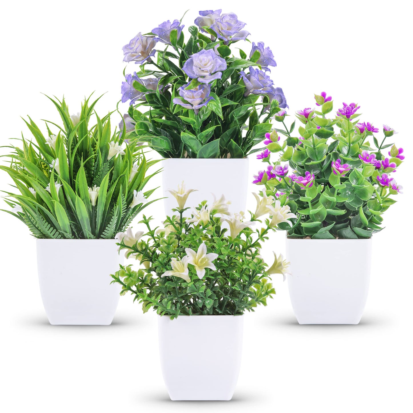 Der Rose 4 Pack Small Fake Plants Mini Artificial Faux Plants with Fake Flowers for Home Room Farmhouse Bathroom Decor Indoor