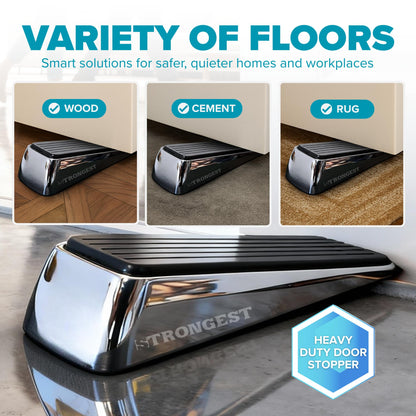 Strongest Home Heavy Duty Door Stopper Wedge (2 Chrome PCs) | Non-Slip Rubber and Metal Door Stop for Heavy Doors| Work on Wood, Tile, Carpet + 2 White Wall Protectors