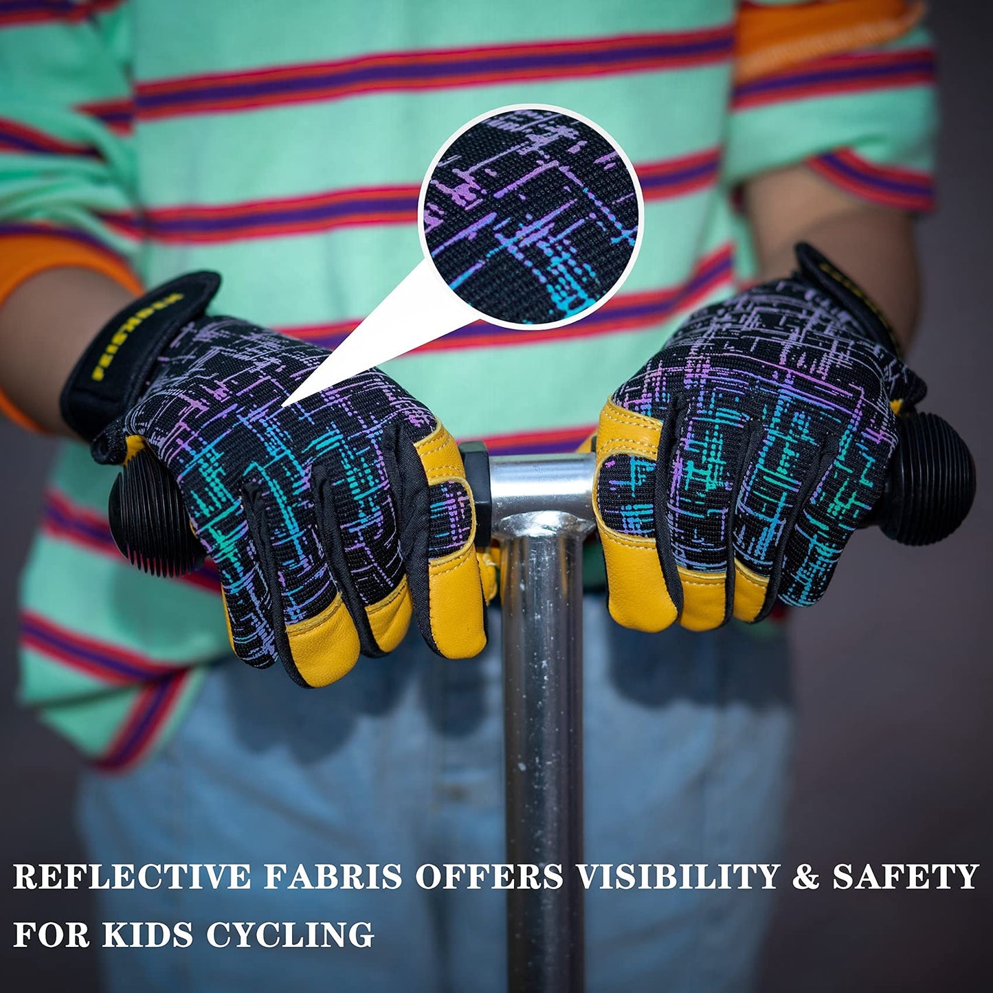 Kids Work Gloves With Genuine Leather Age 3-12 Garden Yard Gloves for Toddler Youth (Black,Large (Age 9-12))