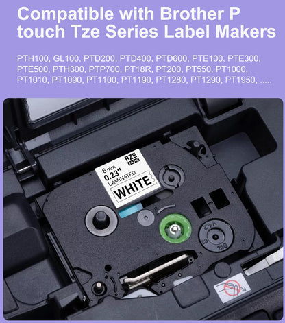 Replacement for Brother P-Touch Label Maker Tape TZe 6mm 0.23 Ribbon Laminated Compatible with Brother P Touch Tze-211 Tze-111 Tze-411 Tze-511 Tze-611 Tze-711,6 Pack