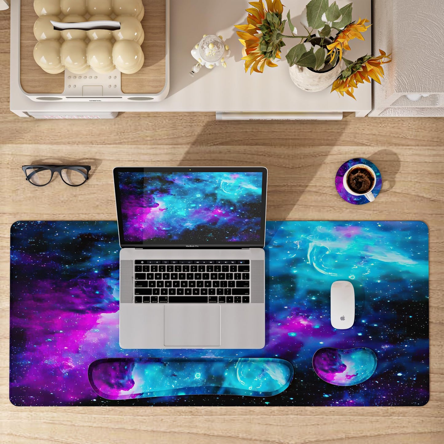 4-in-1 Large Gaming Mouse Pad, Keyboard Wrist Rest Pad & Wrist Support Mouse pad Set, Ergonomic Mouse Pad, Extended Desk Pad Waterproof Desk Mat for Home Office Study - Nebula Galaxy