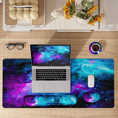 4-in-1 Large Gaming Mouse Pad, Keyboard Wrist Rest Pad & Wrist Support Mouse pad Set, Ergonomic Mouse Pad, Extended Desk Pad Waterproof Desk Mat for Home Office Study - Nebula Galaxy