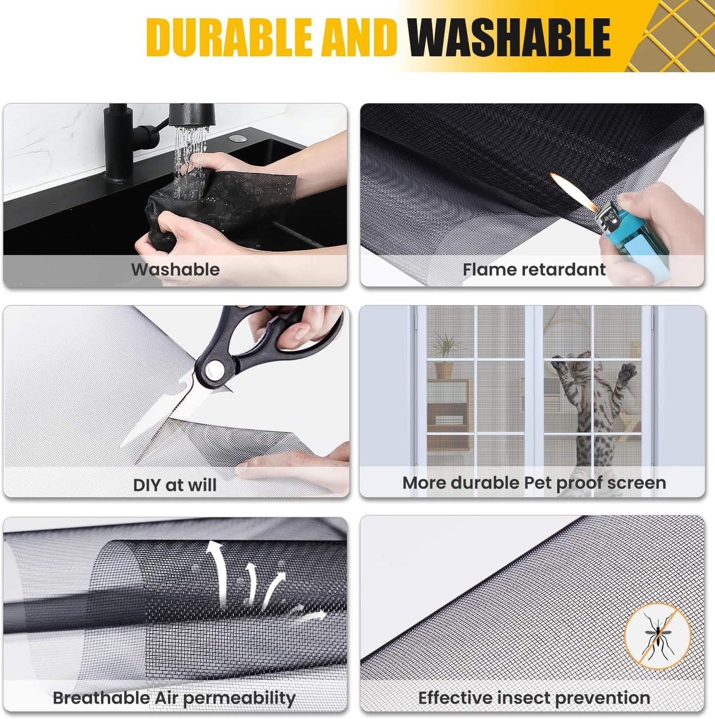 Screen Door Repair Kit Replaceable, 47" x118" Window Screen Repair Kit,Fiberglass Screen Door Mesh with 64ft Spline/Hook/Rolling Tool for Patio Door, Sliding Screen Door Pet Door (120x300cm, Black)