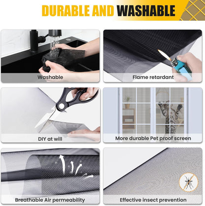 Screen Door Repair Kit Replaceable, 47" x118" Window Screen Repair Kit,Fiberglass Screen Door Mesh with 64ft Spline/Hook/Rolling Tool for Patio Door, Sliding Screen Door Pet Door (120x300cm, Black)