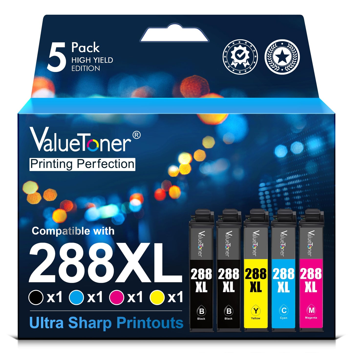 Valuetoner Remanufactured Ink Cartridge Replacement for Epson T288XL 288XL 288 XL to use with XP-430 XP-340 XP-440 XP-330 XP-434 XP-446 Printer (2 Black, 1 Cyan, 1 Magenta, 1 Yellow, 5 Pack)