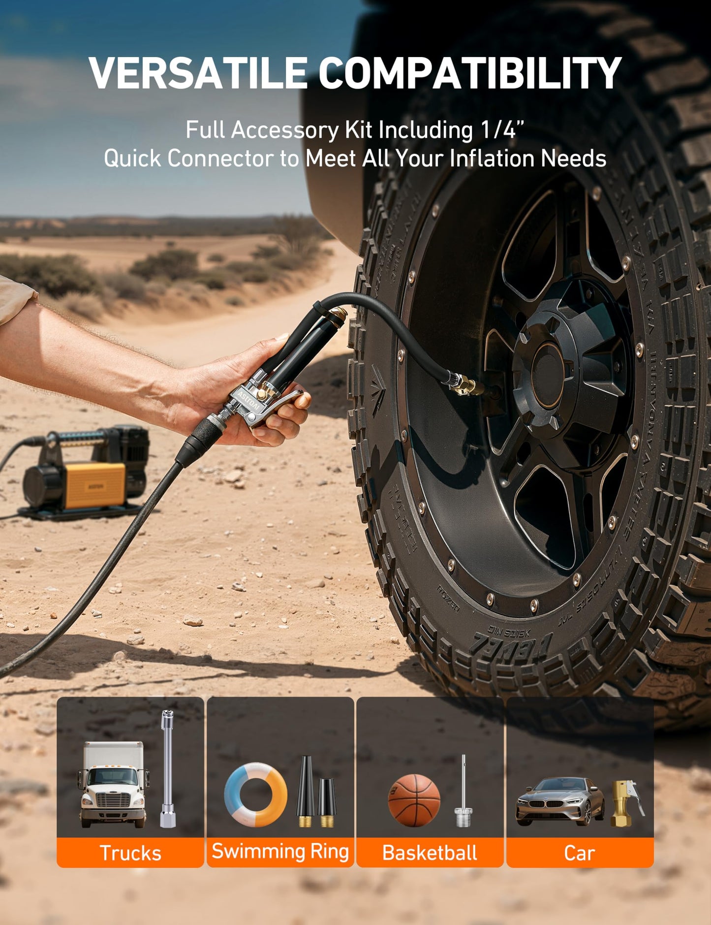 AstroAI T3 Tire Inflator with Pressure Gauge 10-120 PSI, Dual Head Chuck ANSI B40.1 Accurate Tire Pressure Gauge Heavy Duty air Compressor attachments, Compatible with 1/4" NPT tire inflator Chuck