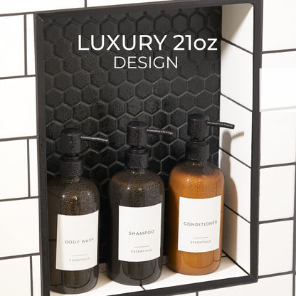 Stylish Shampoo and Conditioner Dispenser Set of 3 - Modern 21oz Shower Soap PET Bottles with Pump and Labels - Easy to Refill Body Wash Dispensers for an Instant Bathroom Decor Upgrade