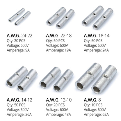 Wirefy 200 PCS Non Insulated Butt Connectors Kit - Butt Splice Connectors - Uninsulated Crimp Wire Connectors - 24-8 AWG