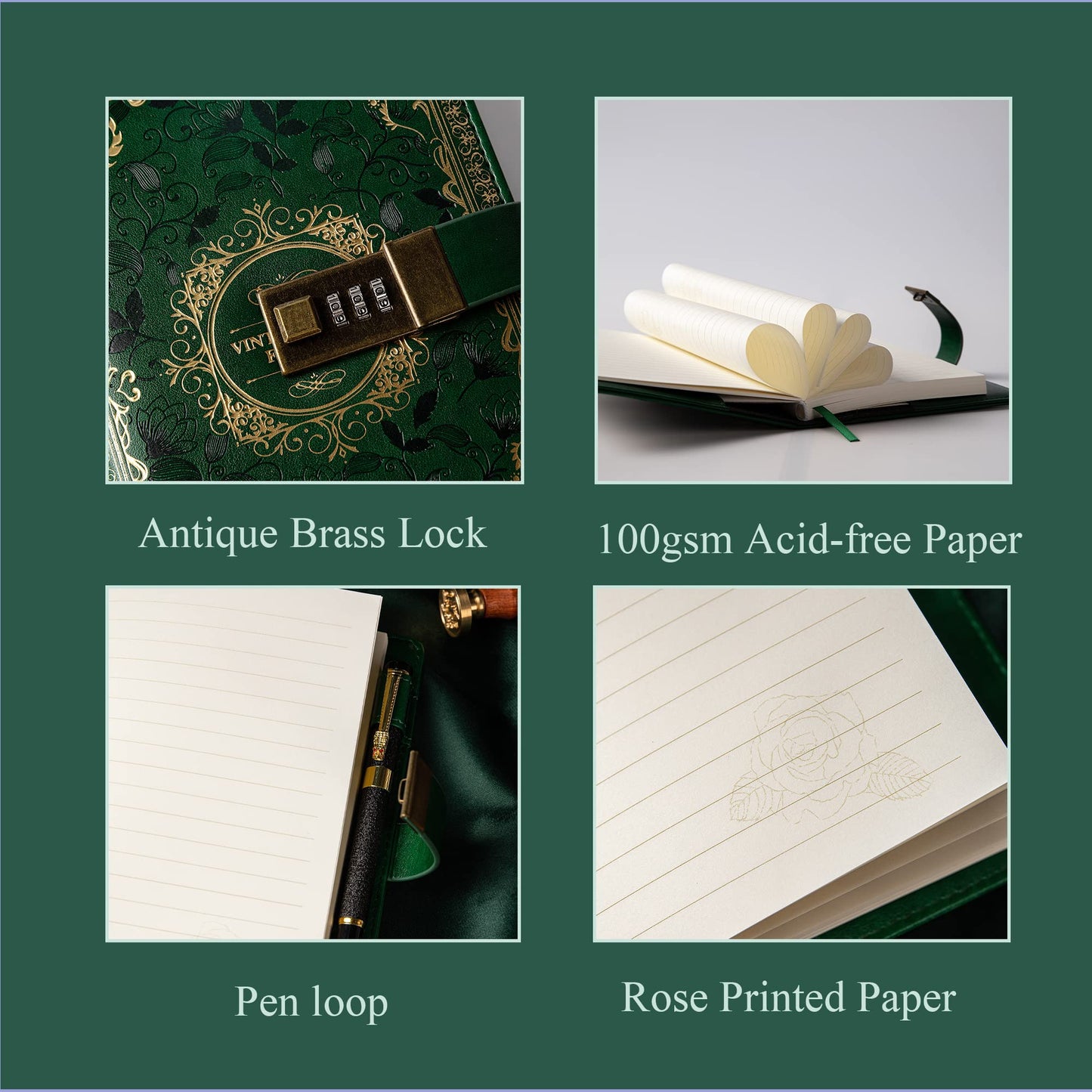 Vintage Leather Journal Notebook with Combination Lock, B6 Embossed Flower Secret Diary Ruled Lined Paper for Writing, Gift for Women Girls Children (Green)
