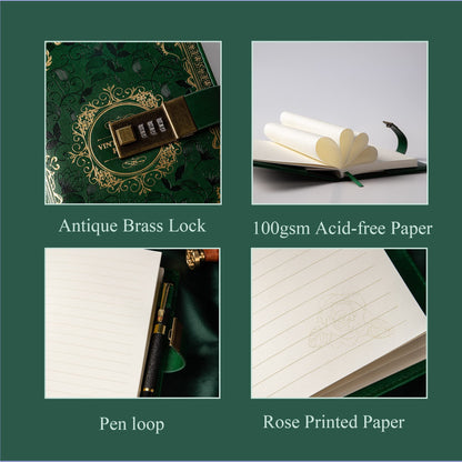 Vintage Leather Journal Notebook with Combination Lock, B6 Embossed Flower Secret Diary Ruled Lined Paper for Writing, Gift for Women Girls Children (Green)