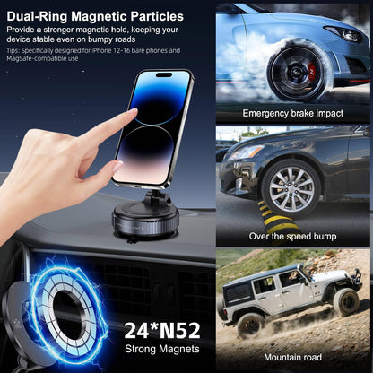 Vacuum Magnetic Suction Phone Holder, Foldable and Retractable Hands-Free Suction Cup Phone Mount for Car/Gym/Mirror/Smooth Surface, Compatible with iPhone Android and All Smartphones (Black)