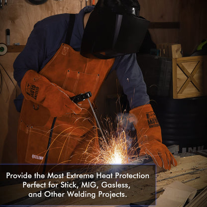 QeeLink Welding Gloves - Heat & Wear Resistant Lined Leather and Fireproof Stitching - For Welders/Fireplace/BBQ/Gardening