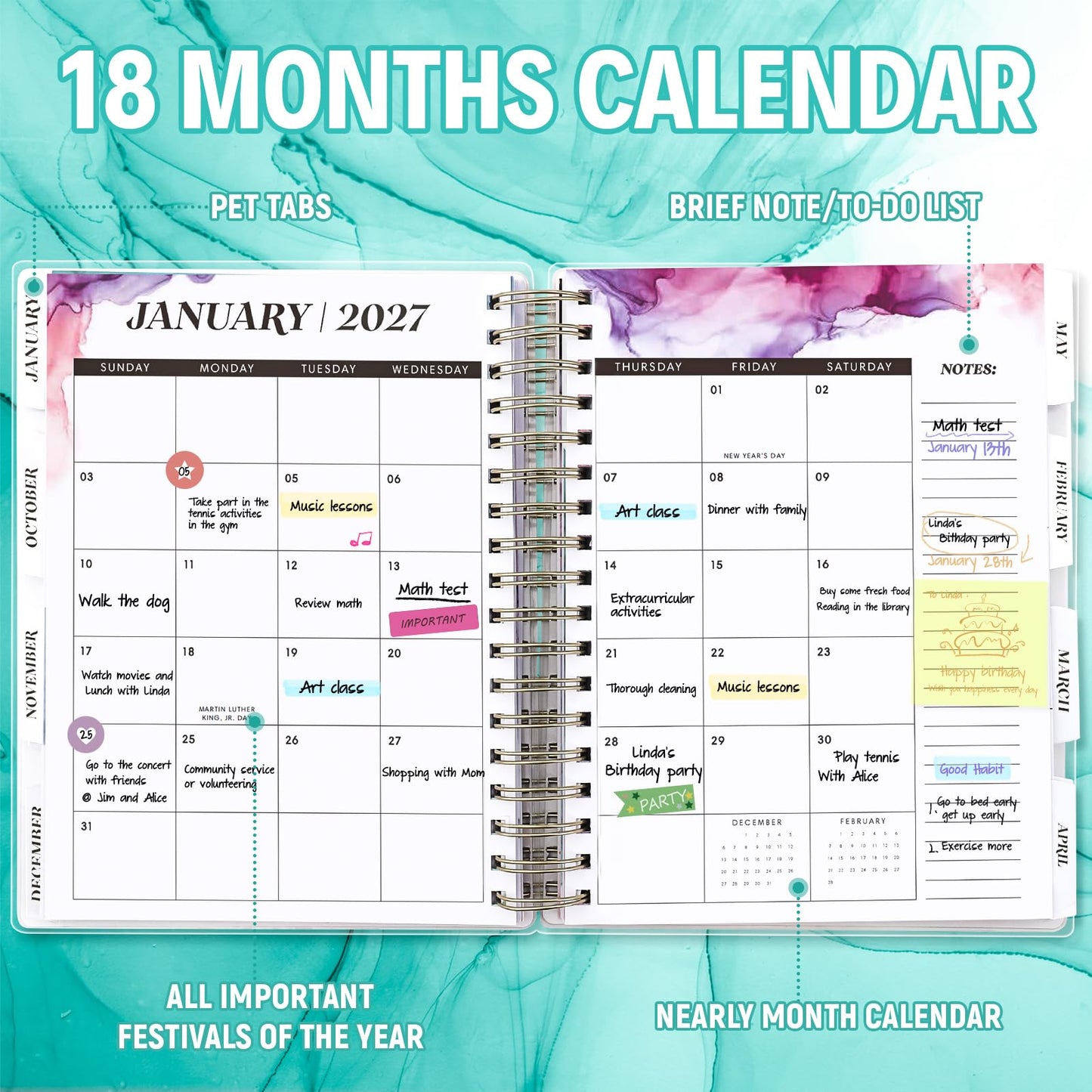 Planner 2026-2027, 18 Months Academic Daily Weekly Monthly Planner Yearly Agenda January 2026 – June 2027, Page Tabs, Separator Page, Inner Pocket, Bookmark, Stickers, Sticky Note Set, 7.9" x 9.8"