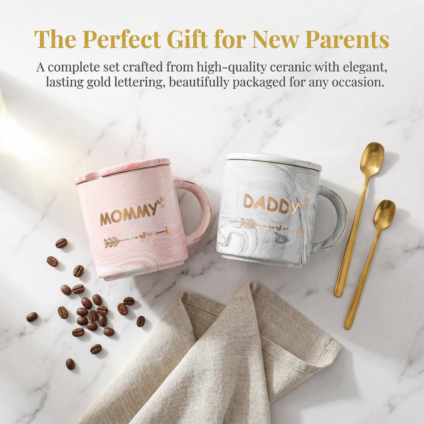 WUWEOT 2 Pack Dad and Mom Coffee Mug Set for Parents to be, New Mom and First Time Pregnancy Gifts for Christmas, Marble Ceramic Coffee Cup Set with Gift Box, Lid, Spoon (10OZ)