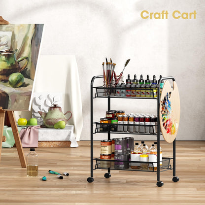 TOOLF 3-Tier Metal Rolling Cart, Mesh Wire Easy Assemble Utility Cart, Storage Trolley on Wheels with 3 Hooks, MetalStorage Shelving Units for Kitchen Bathroom Laundry Room
