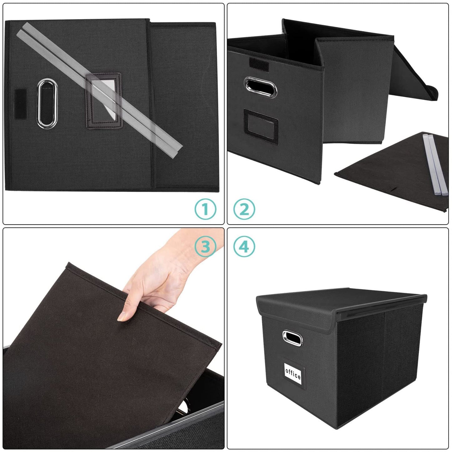 WEIANG Portable File Organizer Box, File Storage Box with Lid, Collapsible Linen Hanging Filing Storage Boxes with Plastic Slide, Durable Hanging File Box for Office/Decor/Home (Black,1pc)