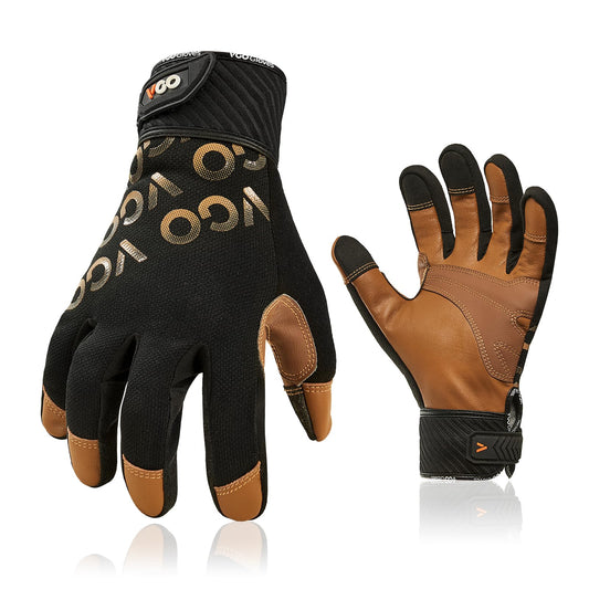 Vgo Work Gloves for Men,Gardening Gloves,Light Duty Mechanic Gloves,Goat Leather Palm(,Black,Size L,GA9604)