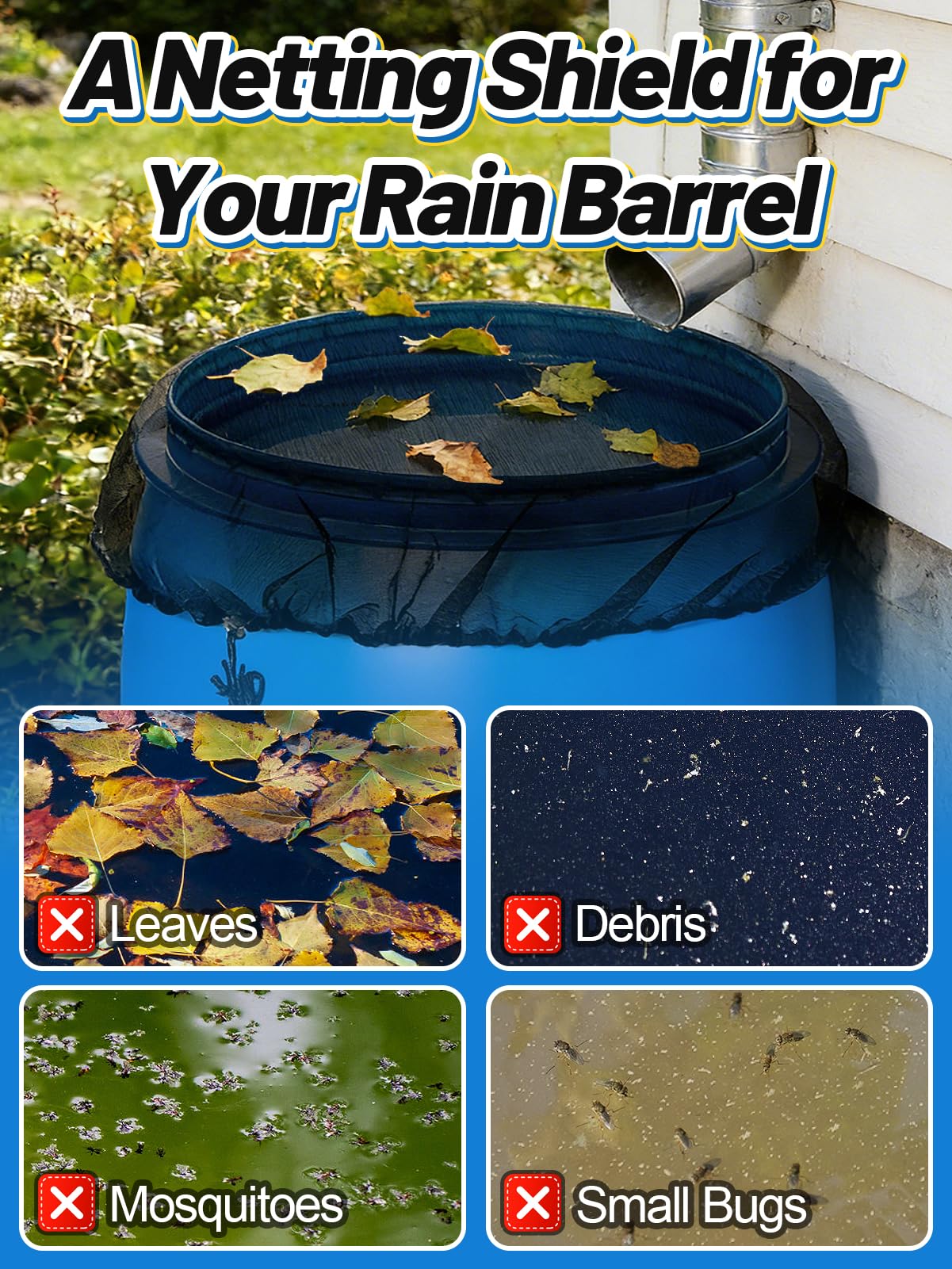 4 Pcs Mesh Cover for Rain Barrels - Rain Barrel Net Cover with Drawstring Rain Barrel Netting Screen for Preventing Fallen Leaves Debris and Small Objects in The Garden or Under The Eaves - 39in