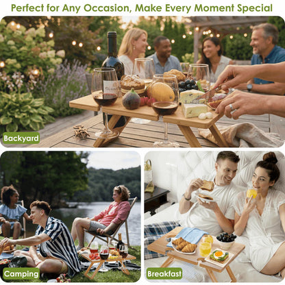 YOUEON Portable Wine Picnic Table with 5 Wine Glasses Holder, Foldable Champagne Snack Tables, Beverage and Cheese Table for Picnic, Camping, Park, Beach, Outdoor Lover Gift