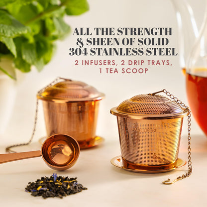 Apace Loose Leaf Tea Infuser (Set of 2) with Tea Scoop and Drip Tray - Ultra Fine Stainless Steel Strainer & Steeper for a Superior Brewing Experience (Rose Gold, Medium)