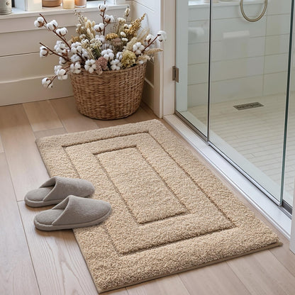 DEXI Bath Mat Non Slip, 20x32 Absorbent Microfiber Soft Bathroom Rug, Machine Washable Carpet for Shower Floor Bathmat Decor, Beige