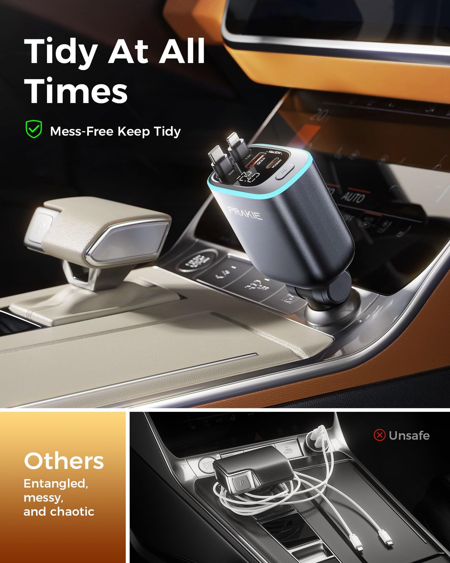 Retractable Car Charger 4 in 1 Car Phone Charger with Led Light USB C Fast Charger for Car with 2 Retractable Cables and 2 USB Ports Compatible with i Phone 17/16/15/14/13/iPad Galaxy S25/24 Android