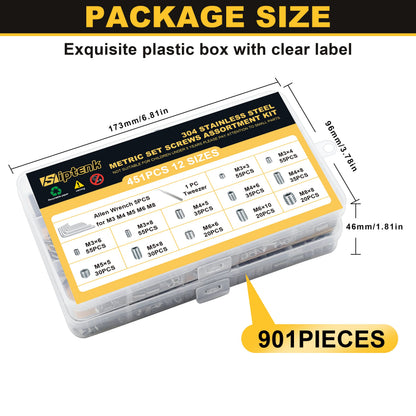 Siptenk Set Screws Assortment Kit Metric & SAE 901PCS, 304 Stainless Steel Threaded Inserts Hex Allen Head Socket Set Screw for Bathroom Fixtures Door Handles M3-M8 1/8-40 to 5/16-18