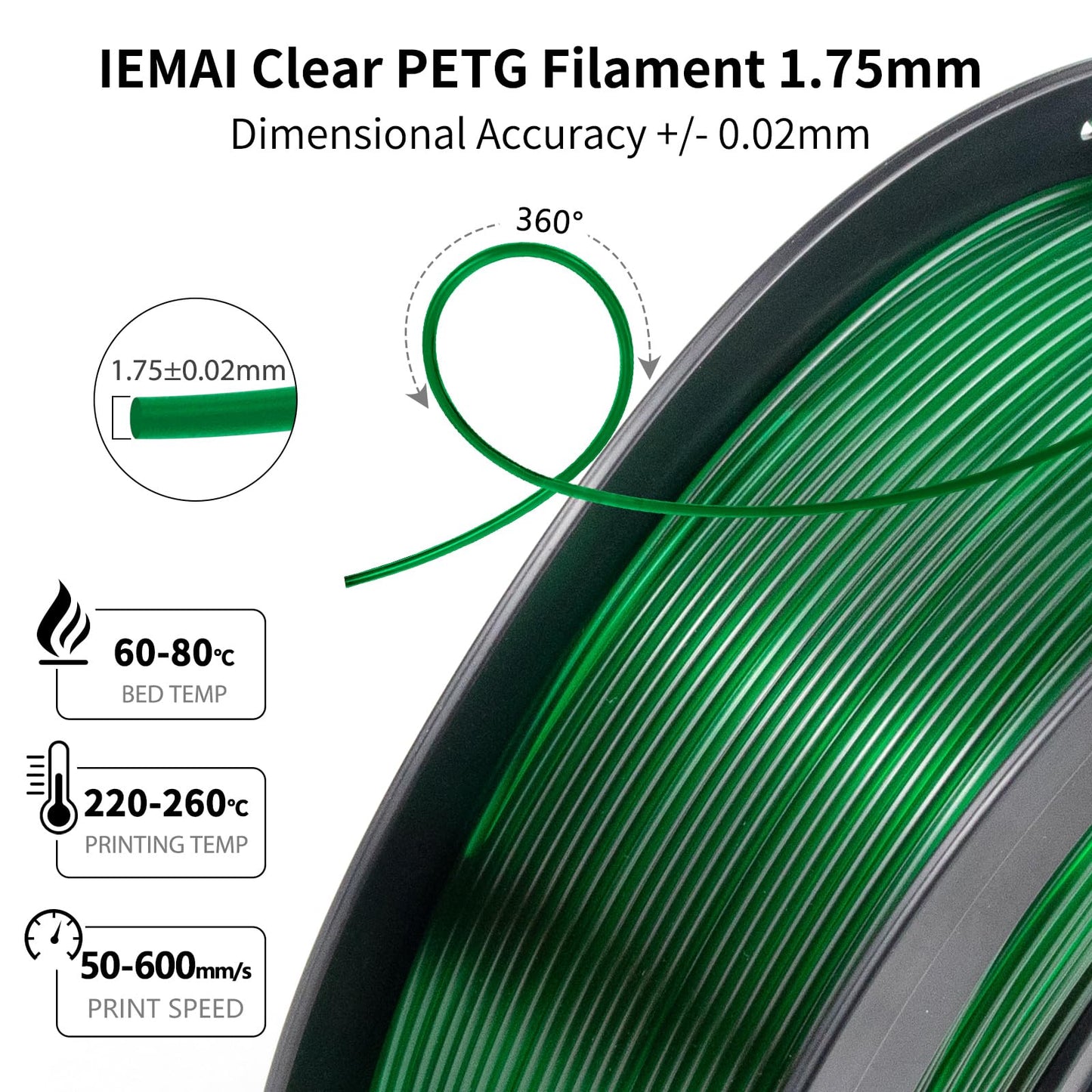 IEMAI Green Clear PETG Filament 1.75mm 1kg, Crystal Transparent 3D Printer Filament Up to 600mm/s Printing, Tough & Durable for Lampshade, Creative DIY, Home Decor