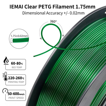 IEMAI Green Clear PETG Filament 1.75mm 1kg, Crystal Transparent 3D Printer Filament Up to 600mm/s Printing, Tough & Durable for Lampshade, Creative DIY, Home Decor