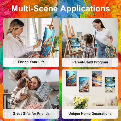 4 Pack Paint by Numbers Adult Kit with Framed Canvas - Wooden Easel, Beach Adult Paint by Number Kits on Canvas, DIY Sea Turtle Acrylic Oil Painting Kit with Brushes for Home Wall Decor (20x30cm)