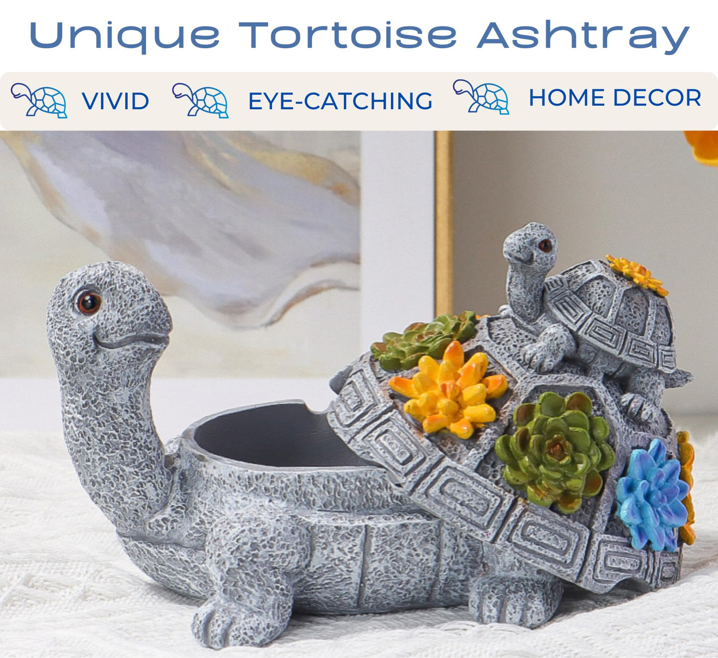 Windproof Decorative Ashtray with Lid Cigarette Resin Ashtray Odorless Outdoor Indoor Use. Porch Patio Home Office Decroation. Gift for Smokers Animal Lovers Men Women (Succulent Turtle)