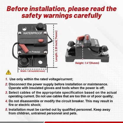 RED WOLF Car Circuit Breaker 30A AMP w/Manual Reset Switch Inline Fuse Holder Inverter 12V-48V DC for Motor Trolling Vehicles Audio Radio Solar System Protection with Wire Lugs Copper Washer Screws