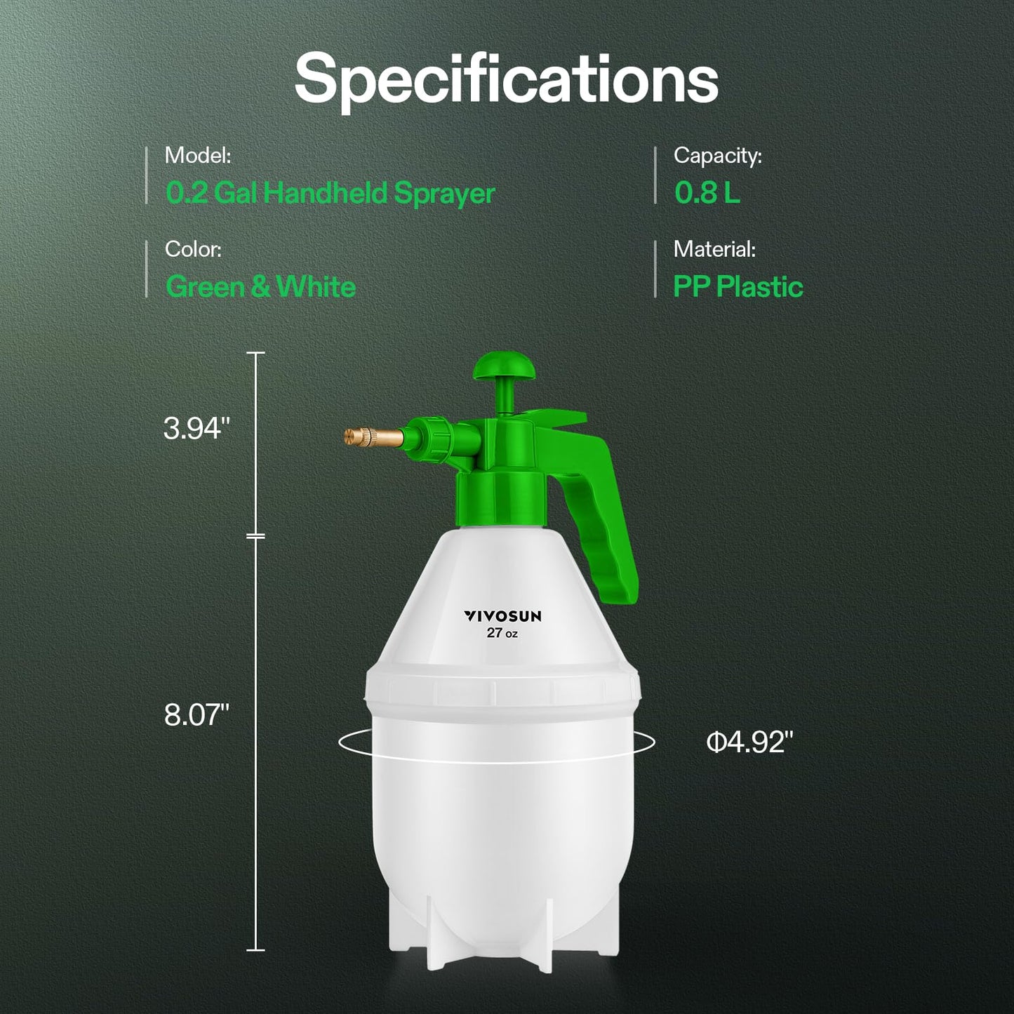VIVOSUN 0.2 Gallon Handheld Garden Pump Sprayer, 27 oz Gallon Lawn & Garden Pressure Water Spray Bottle with Adjustable Brass Nozzle, for Plants and Other Cleaning Solutions (0.8L Green)