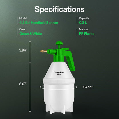 VIVOSUN 0.2 Gallon Handheld Garden Pump Sprayer, 27 oz Gallon Lawn & Garden Pressure Water Spray Bottle with Adjustable Brass Nozzle, for Plants and Other Cleaning Solutions (0.8L Green)