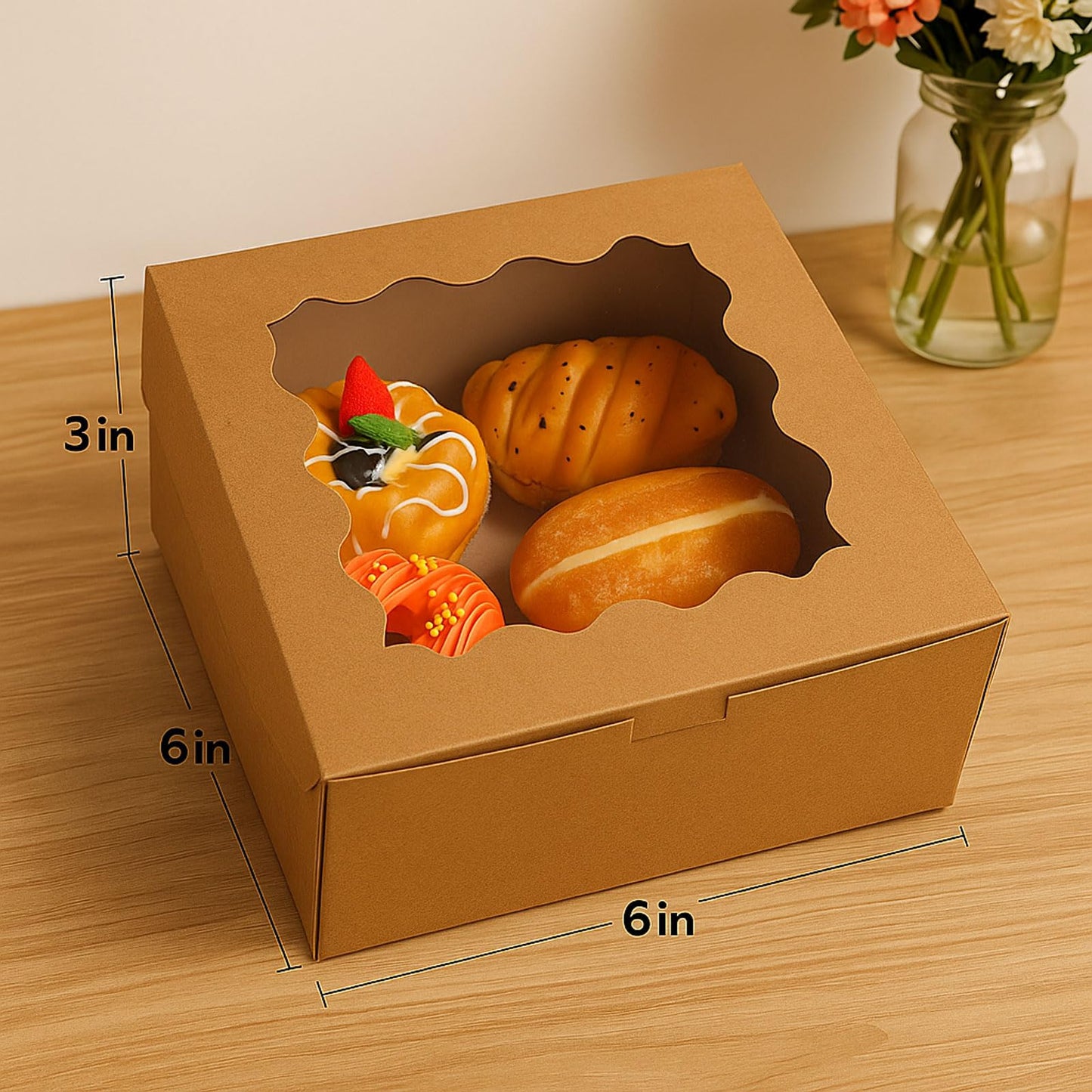 30 Pack Cake Boxes 6X6X3 Inch Small Pastry Box with Clear Window Kraft Cardboard Bakery Box with Stickers Perfect for Cake Treats Donuts,Chocolates,Candies Desserts