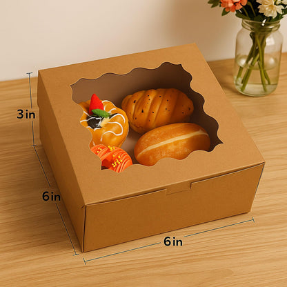 30 Pack Cake Boxes 6X6X3 Inch Small Pastry Box with Clear Window Kraft Cardboard Bakery Box with Stickers Perfect for Cake Treats Donuts,Chocolates,Candies Desserts